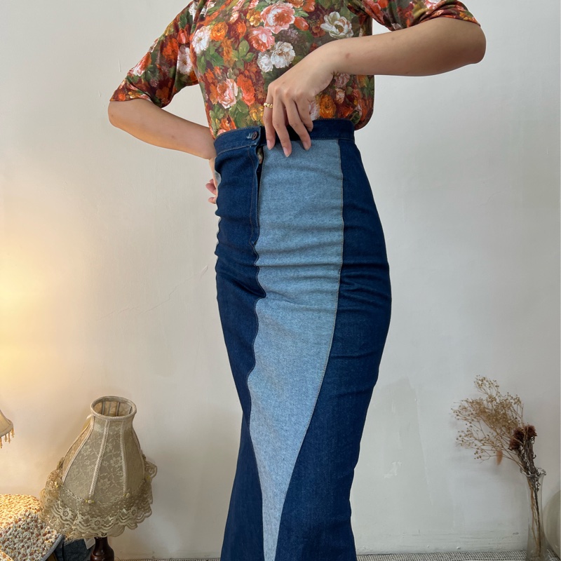 拼接古著唯一牛仔裙-0