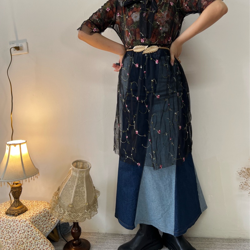 拼接古著唯一牛仔裙-2