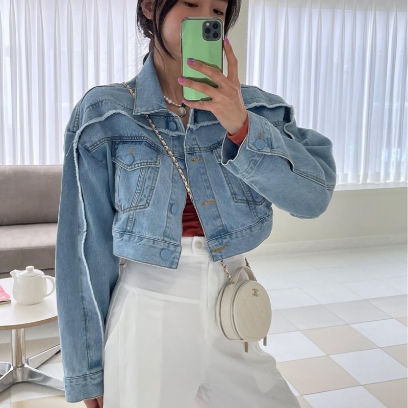 正韓 毛邊短版牛仔外套-0