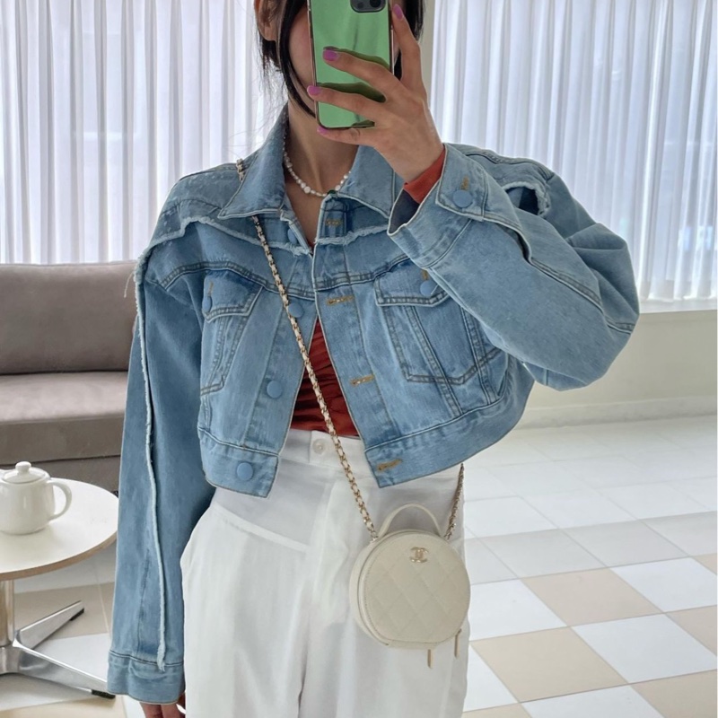 正韓 毛邊短版牛仔外套-1