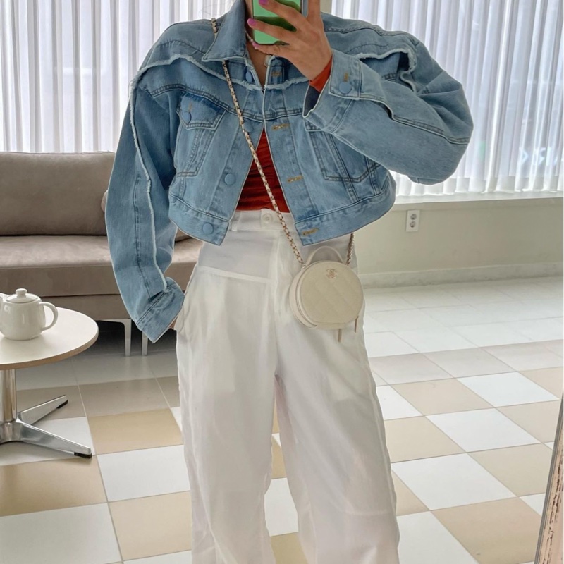 正韓 毛邊短版牛仔外套-4