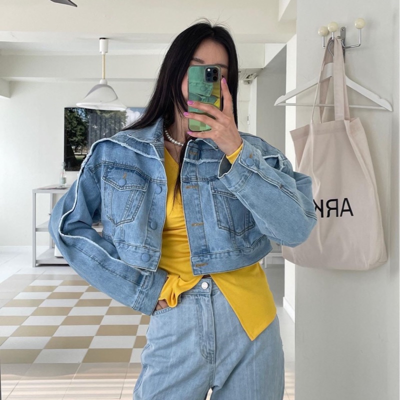 正韓 毛邊短版牛仔外套-5