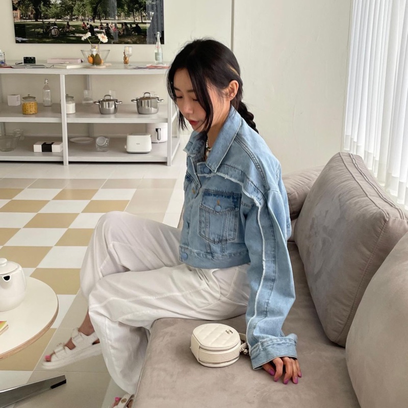 正韓 毛邊短版牛仔外套-6