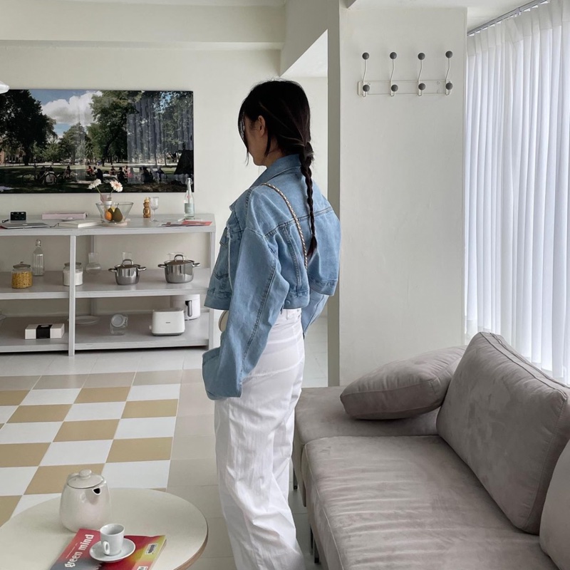 正韓 毛邊短版牛仔外套-8