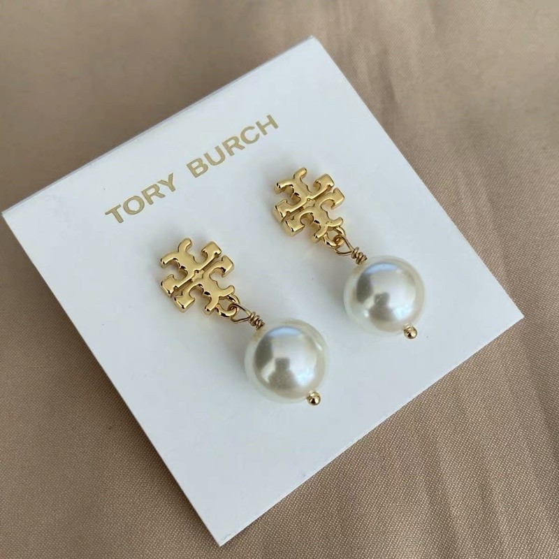 TORY BURCH 輕奢OL垂吊珍珠logo耳釘耳針耳環 TB-1