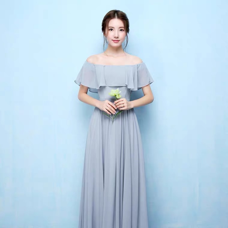 伴娘服劉亦菲同款,烟灰色一字肩禮服裙長款修身顯瘦-0