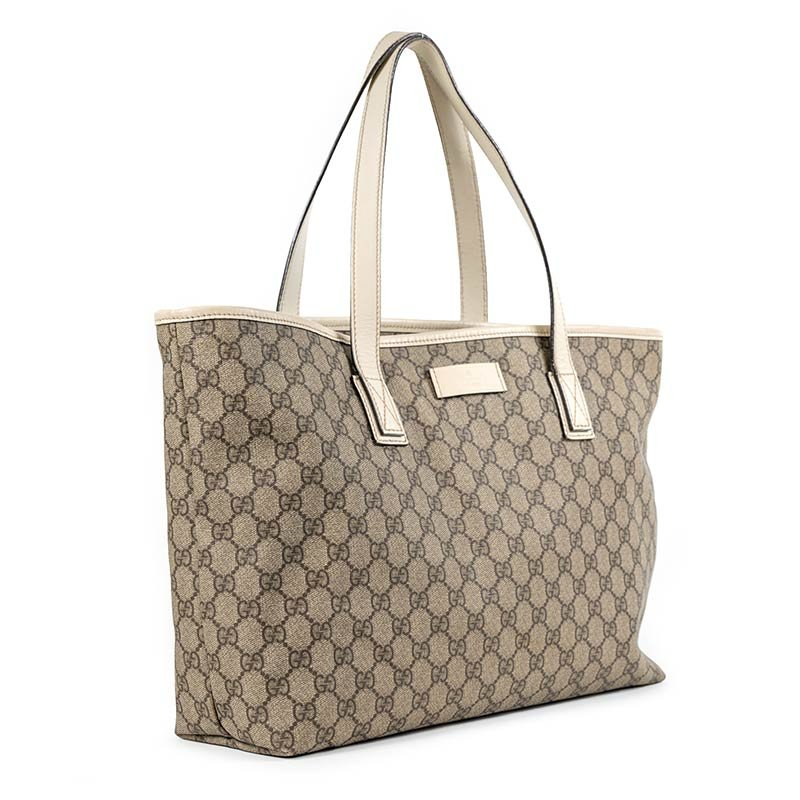 【Gucci】老花白色皮邊托特包-1