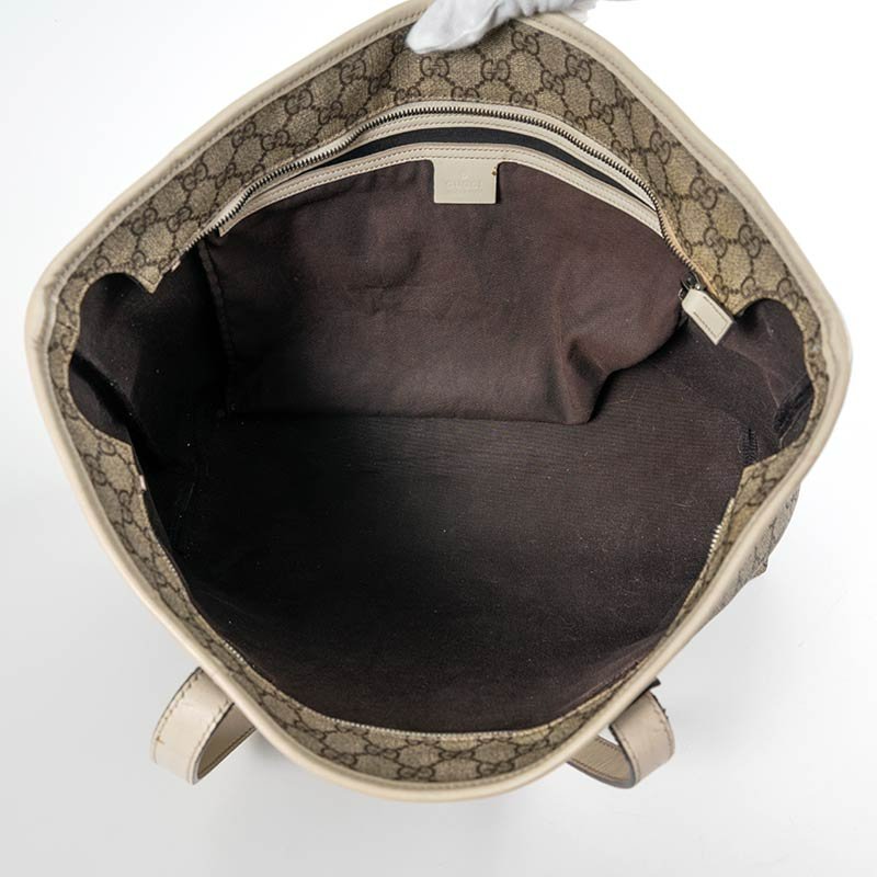 【Gucci】老花白色皮邊托特包-3