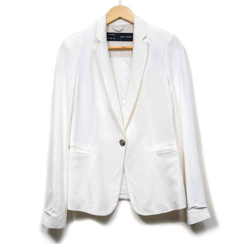 【名人私服】ZARA 白色墊肩棉麻西裝外套-0