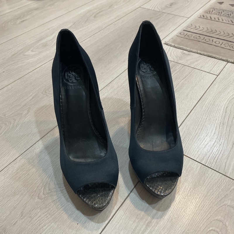 tory burch緞布壓紋蛇紋粗跟高跟魚口鞋7.5-0