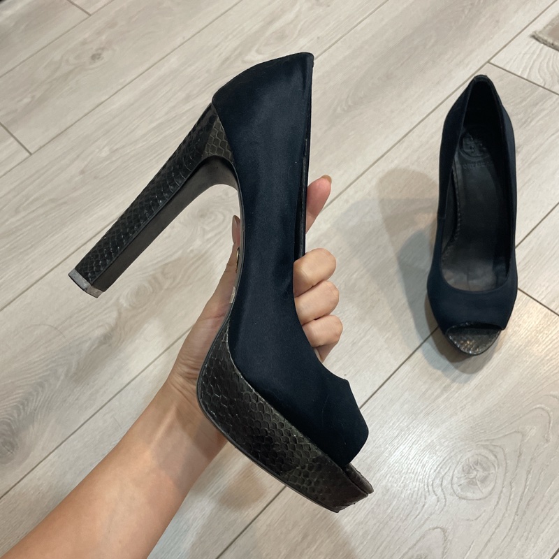 tory burch緞布壓紋蛇紋粗跟高跟魚口鞋7.5-2