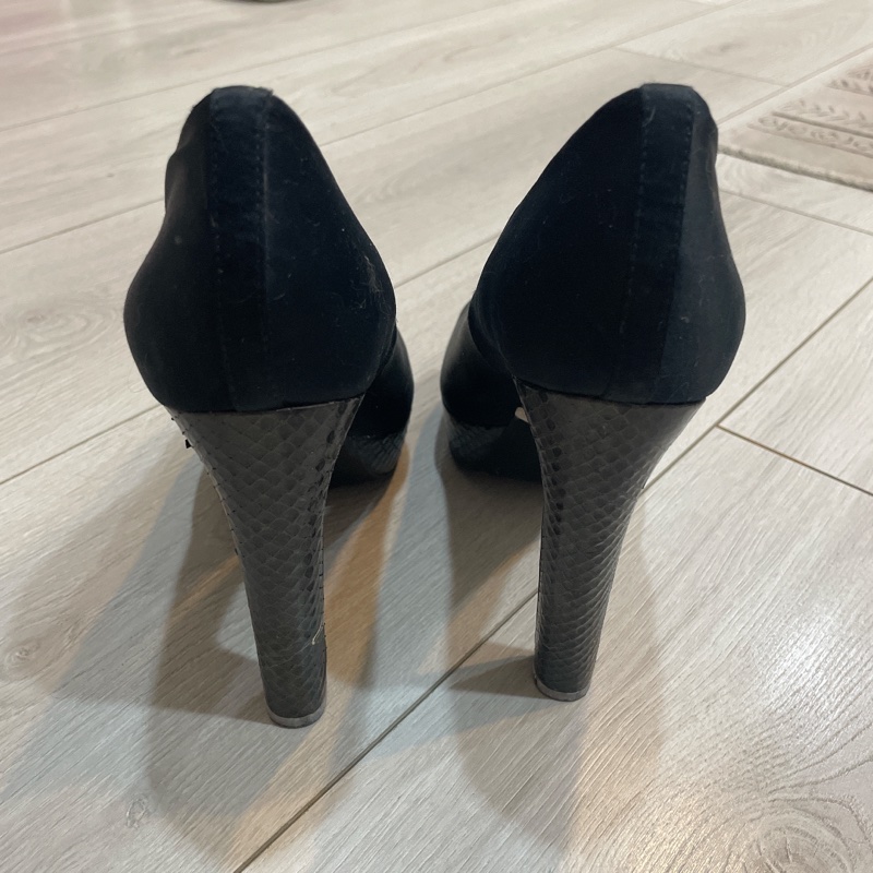 tory burch緞布壓紋蛇紋粗跟高跟魚口鞋7.5-6