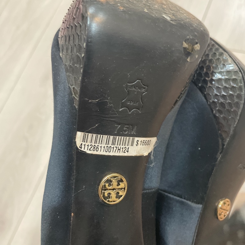 tory burch緞布壓紋蛇紋粗跟高跟魚口鞋7.5-7