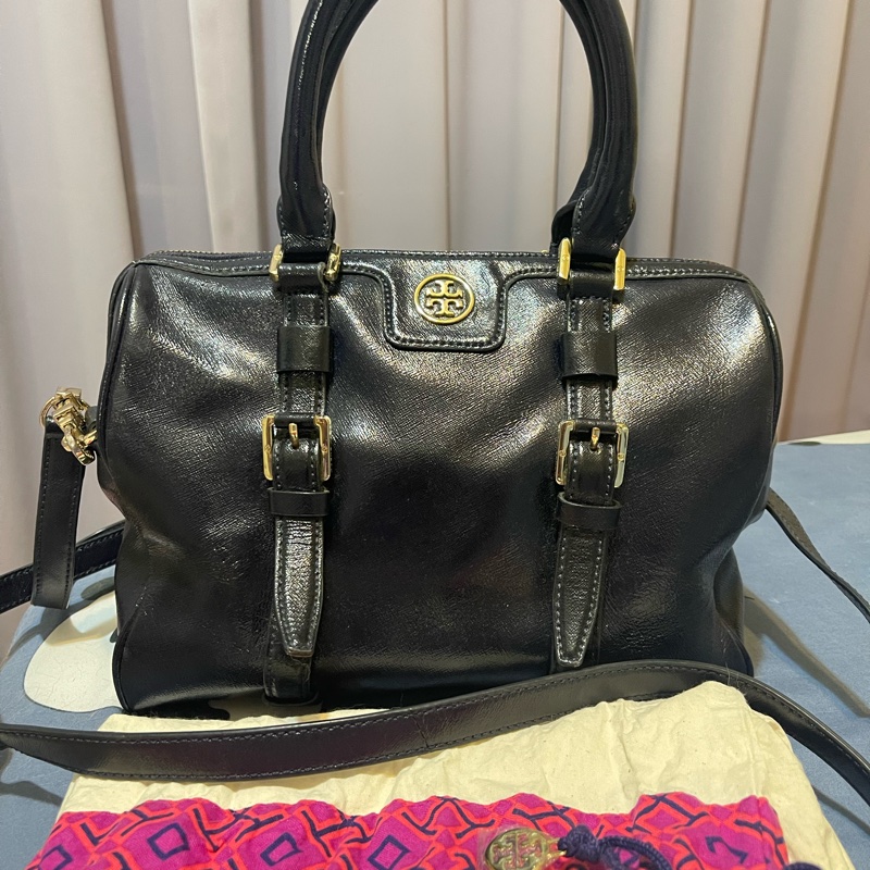 TORY BURCH  TB  深藍漆皮波斯頓包 手提包 斜背包 側背包 肩背包 通勤包 二手真品-0