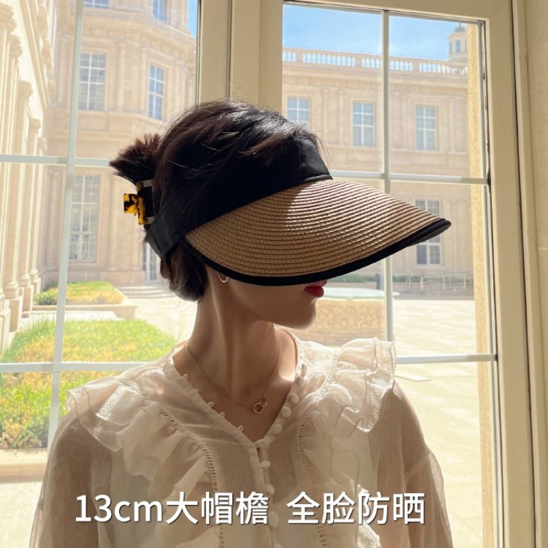 大帽沿空顶帽女夏防曬帽子遮臉防紫外線無頂草帽-2