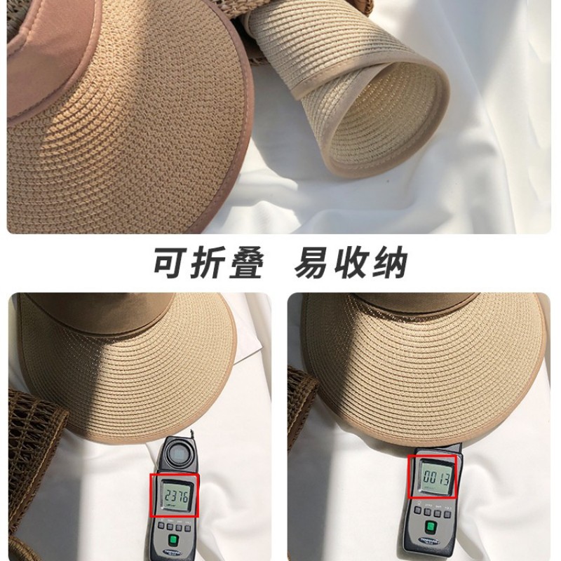 大帽沿空顶帽女夏防曬帽子遮臉防紫外線無頂草帽-3
