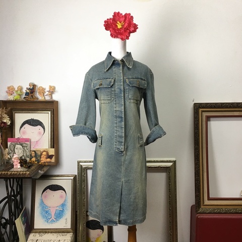 春姍古著-design 七分袖 牛仔 復古色 帥氣洋裝