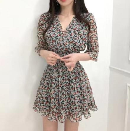 [lady first] ［韓系］夏日收腰連身碎花裙-1