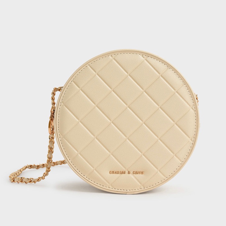 ✨小ck菱格圓形斜背包 - 米黃色✨圓餅包/小圓包/圓形包/斜背包/側背包✨-0