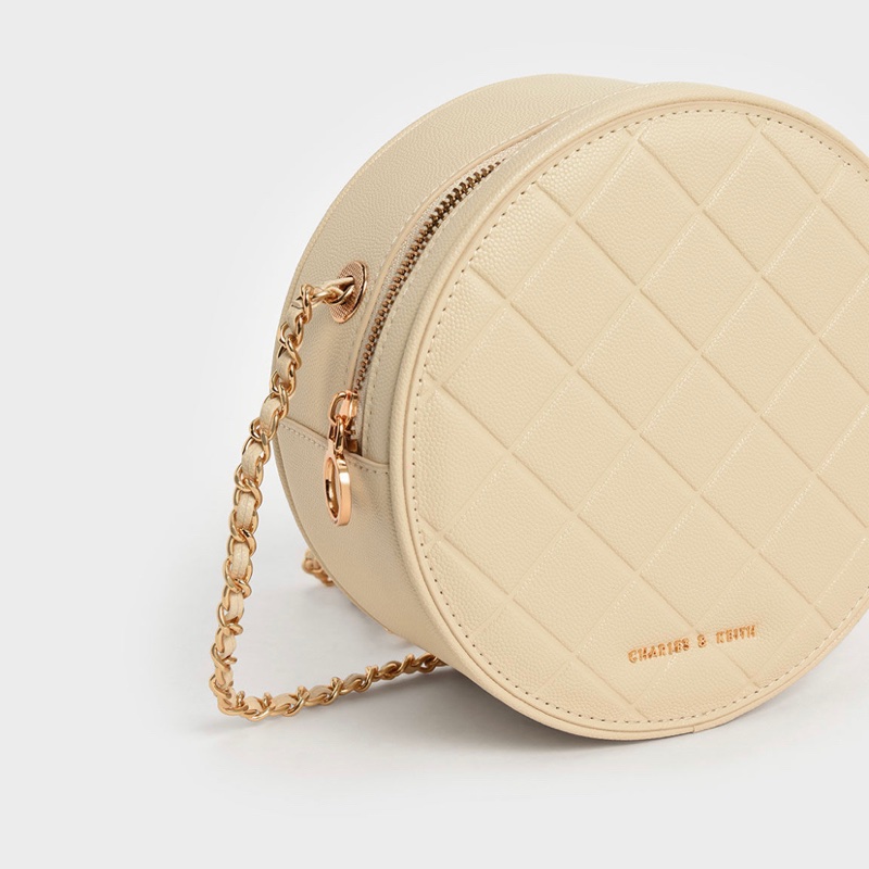 ✨小ck菱格圓形斜背包 - 米黃色✨圓餅包/小圓包/圓形包/斜背包/側背包✨-1