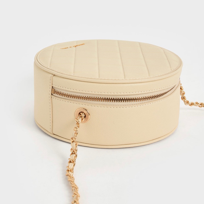 ✨小ck菱格圓形斜背包 - 米黃色✨圓餅包/小圓包/圓形包/斜背包/側背包✨-2