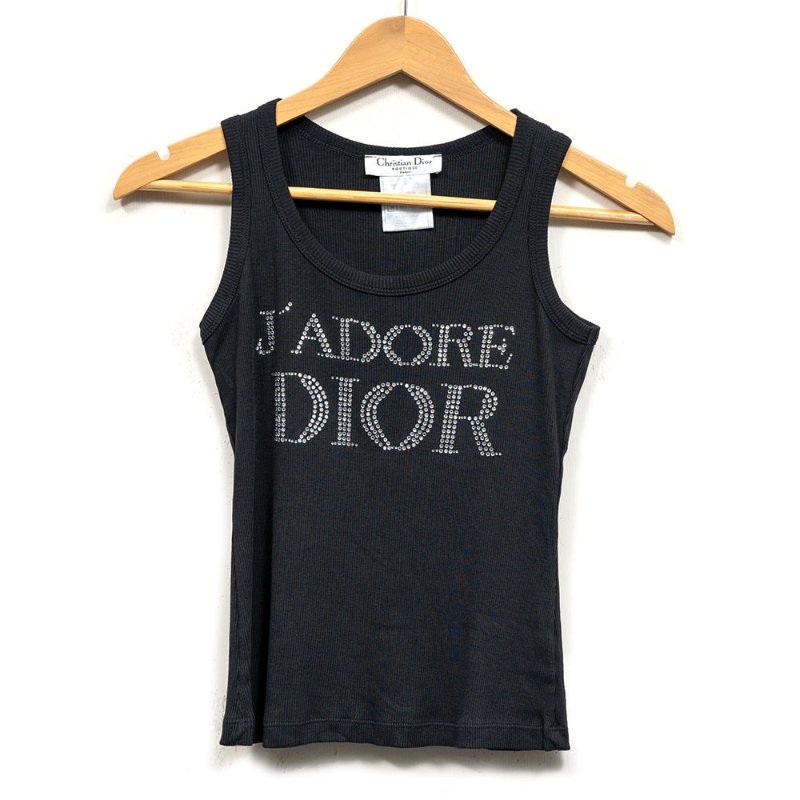 【曲艾玲私服】Dior 水鑽 Logo 黑色螺紋針織背心-0