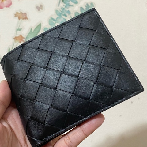 BOTTEGA VENETA 寶緹嘉BV黑色牛皮編織對折短夾