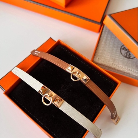 Hermès 皮革手環 金棕 奶白 金釦 卯釘