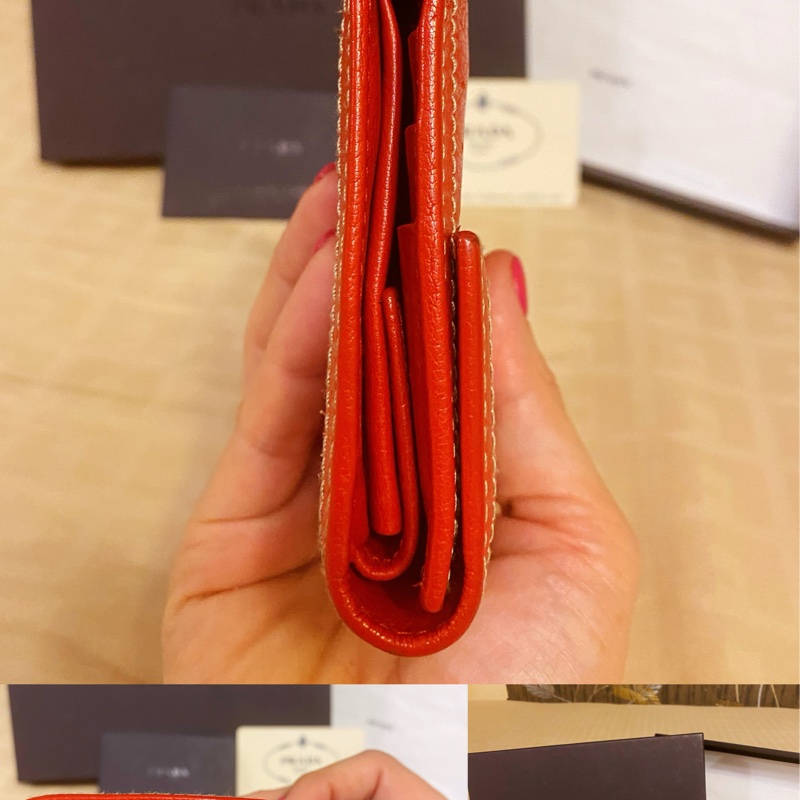 PRADA 紅三角鐵牌 小牛皮三折中夾 橘紅色 9成新-7