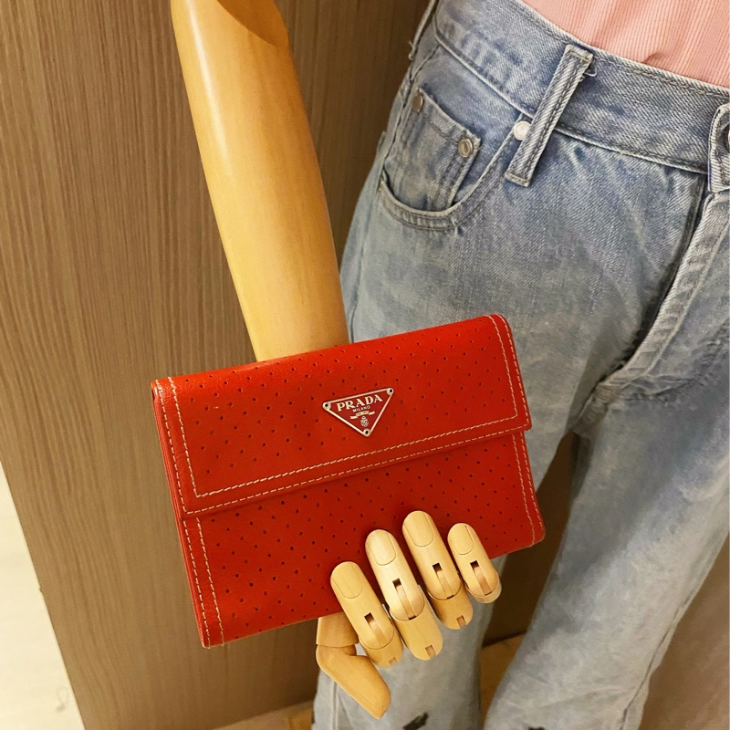 PRADA 紅三角鐵牌 小牛皮三折中夾 橘紅色 9成新-8