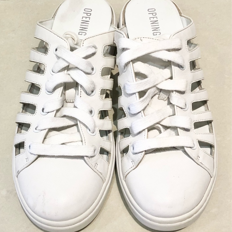 紐約🇺🇸潮牌opening ceremony 懶人半拖皮質白色鏤空球鞋包頭半拖鞋透氣一腳蹬厚底小白鞋 厚底帆布鞋鬆糕平底休閒增高綁帶穆勒-0