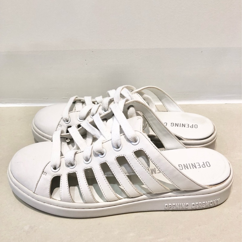 紐約🇺🇸潮牌opening ceremony 懶人半拖皮質白色鏤空球鞋包頭半拖鞋透氣一腳蹬厚底小白鞋 厚底帆布鞋鬆糕平底休閒增高綁帶穆勒-1