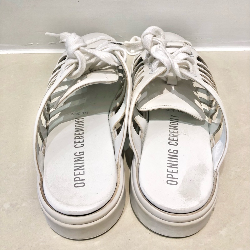 紐約🇺🇸潮牌opening ceremony 懶人半拖皮質白色鏤空球鞋包頭半拖鞋透氣一腳蹬厚底小白鞋 厚底帆布鞋鬆糕平底休閒增高綁帶穆勒-2