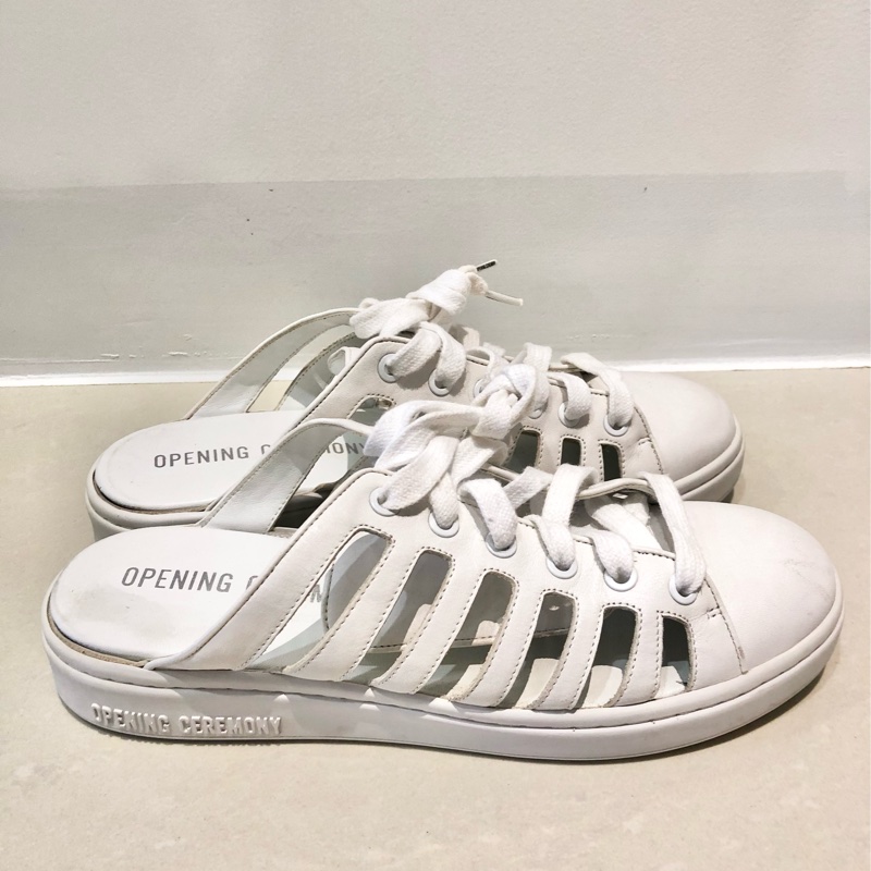 紐約🇺🇸潮牌opening ceremony 懶人半拖皮質白色鏤空球鞋包頭半拖鞋透氣一腳蹬厚底小白鞋 厚底帆布鞋鬆糕平底休閒增高綁帶穆勒-3
