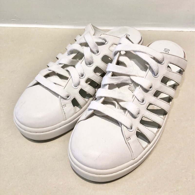 紐約🇺🇸潮牌opening ceremony 懶人半拖皮質白色鏤空球鞋包頭半拖鞋透氣一腳蹬厚底小白鞋 厚底帆布鞋鬆糕平底休閒增高綁帶穆勒-5