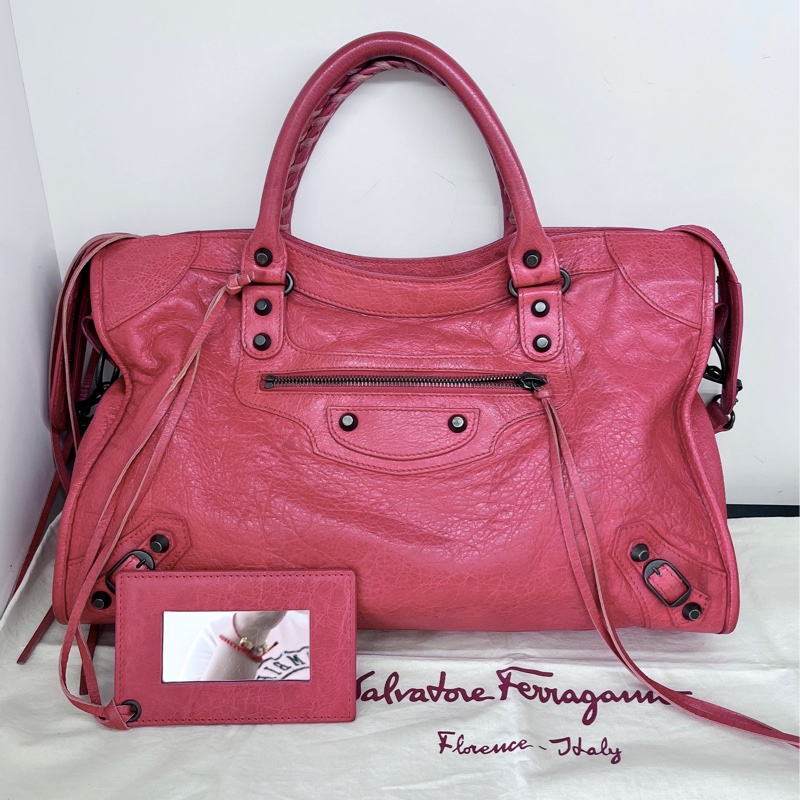 BALENCIAGA 巴黎世家 city 莓紅 全皮 小釦 手提包 肩背包 機車包-0