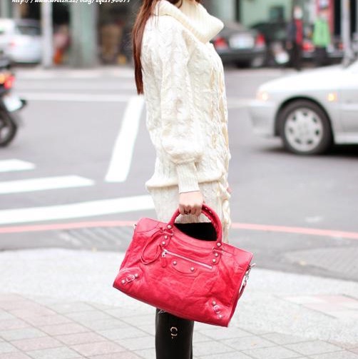 BALENCIAGA 巴黎世家 city 莓紅 全皮 小釦 手提包 肩背包 機車包-7