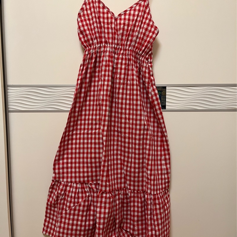細肩帶紅色格子長洋裝-0
