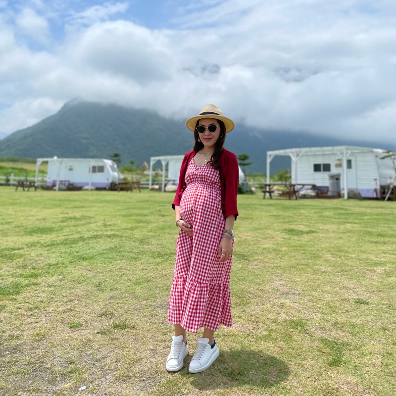 細肩帶紅色格子長洋裝-2