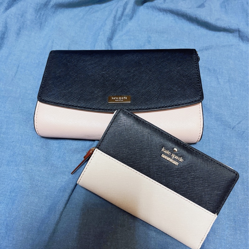 8成新  kate spade 中短夾 拼接色  杏色  黑色  二手-0