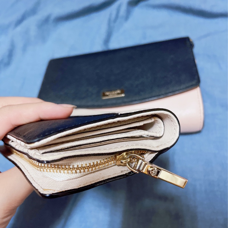 8成新  kate spade 中短夾 拼接色  杏色  黑色  二手-6