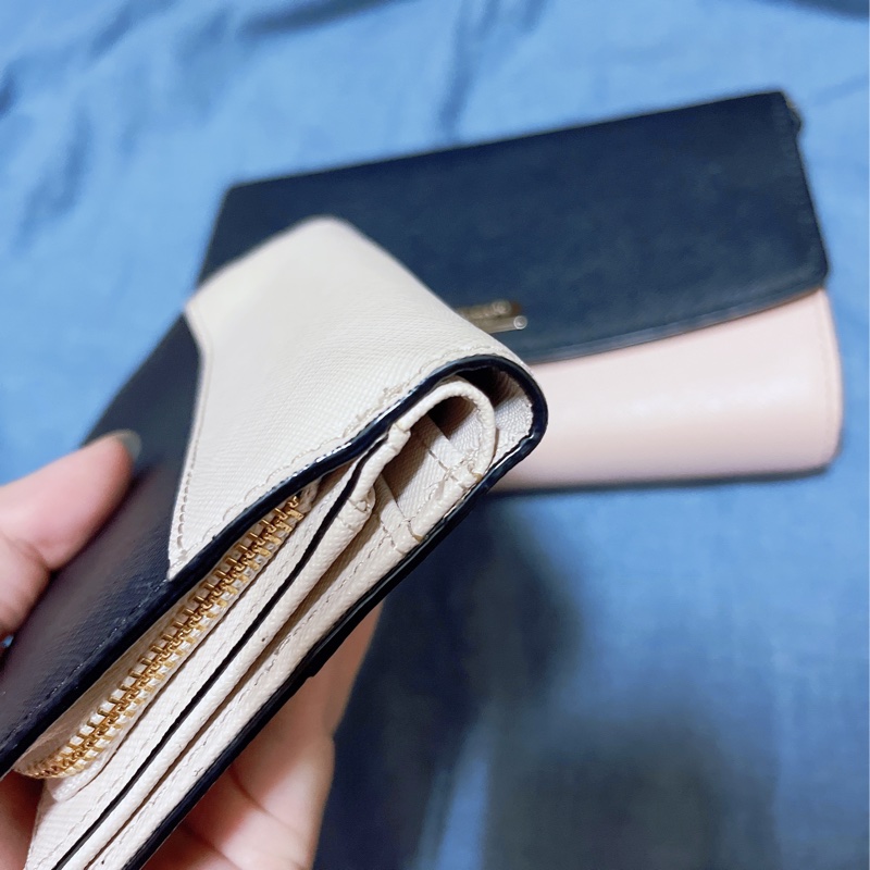 8成新  kate spade 中短夾 拼接色  杏色  黑色  二手-7