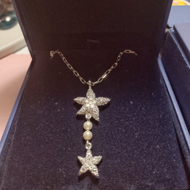 施華洛世奇水晶星星珍珠項鍊（雙面可戴）送巴洛克珍珠頸鍊-0