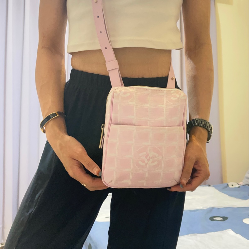 Chanel香奈兒 8開 粉色冰格帆布方格 小相機包 胸包 腰包單肩包 斜背包 二手正品-9