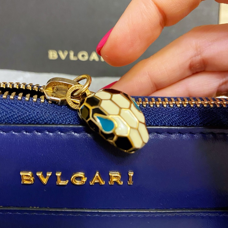 BVLGARI小牛皮珐瑯蛇頭拉鏈長夾 深藍色 9.9新-2