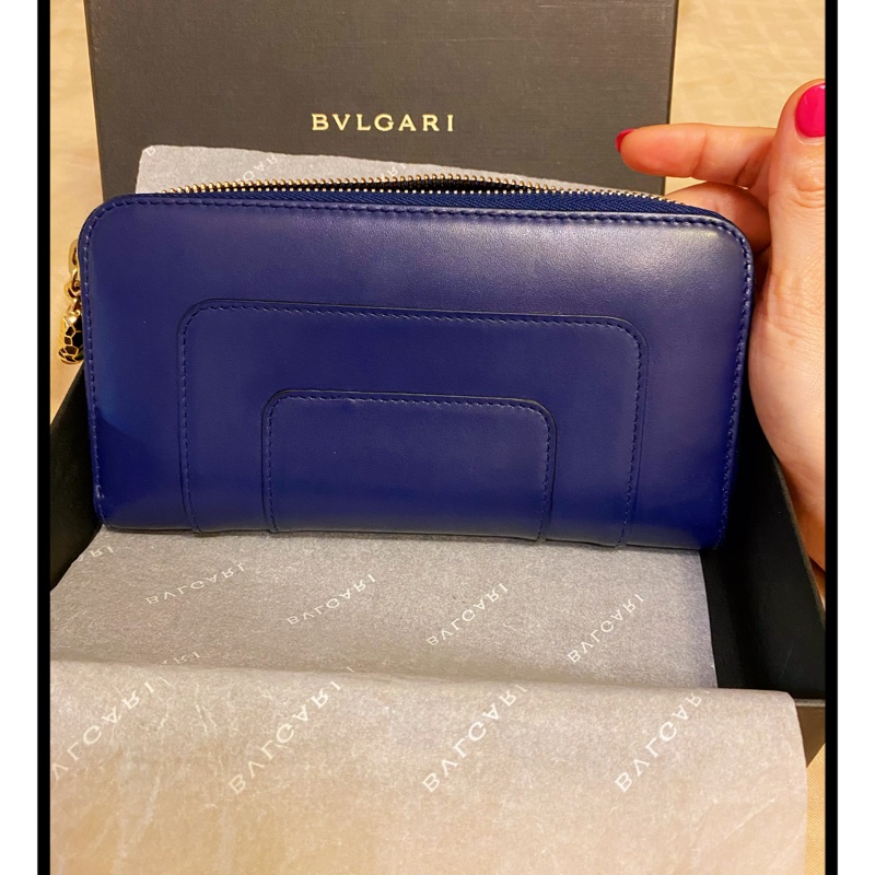 BVLGARI小牛皮珐瑯蛇頭拉鏈長夾 深藍色 9.9新-3