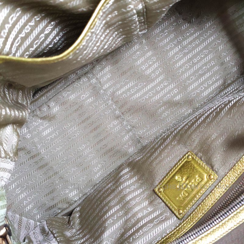 金鐸精品~C394 PRADA普拉達駝色織布與金色皮革拼接家徽大LOGO 波士頓包 手提肩背包-5
