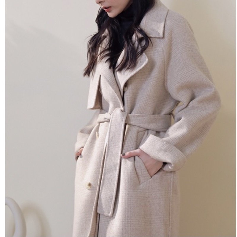 YOURZ自訂款90%羊毛可拆式風衣連帽大衣燕麥色-0