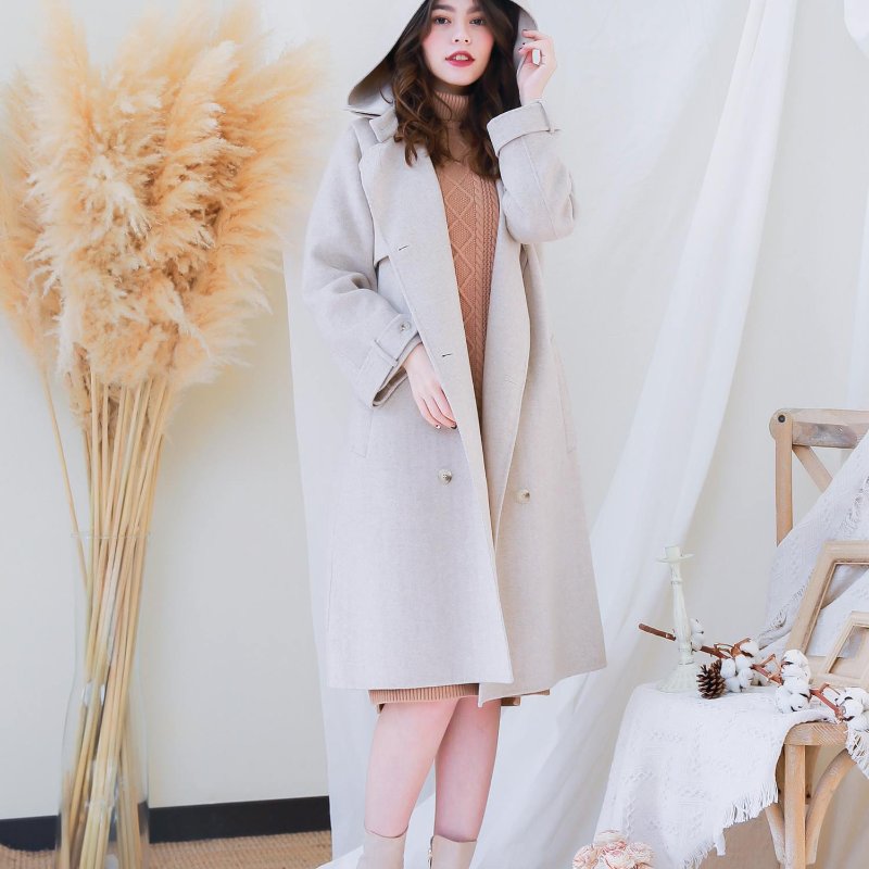 YOURZ自訂款90%羊毛可拆式風衣連帽大衣燕麥色-3