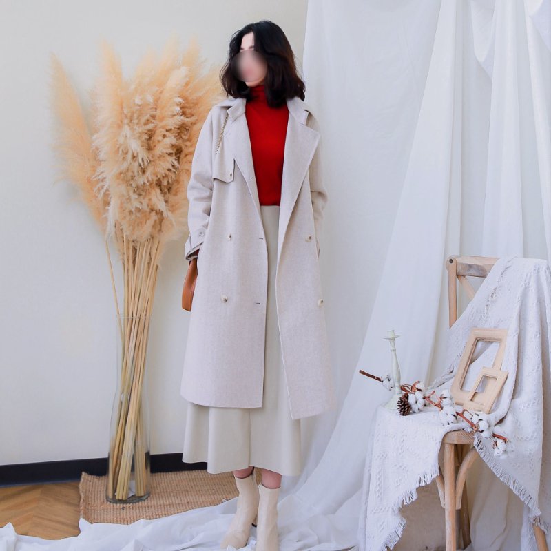 YOURZ自訂款90%羊毛可拆式風衣連帽大衣燕麥色-8